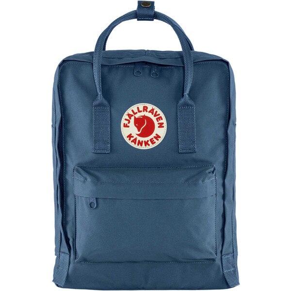 A royal blue fjallraven backpack with the iconic circle logo patch on the front, a main compartment, two side compartments, and a front compartment, and two shoulder straps and a top strap.